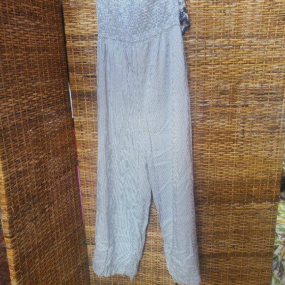 Japna Blue White Stripe Sleeveless One-Jumpsuit Size Large Embroidered - Picture 7 of 8
